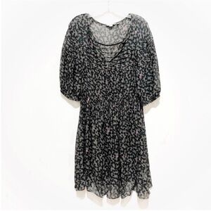Boden abstract print dress gray black dots viscose pleated flowy puff sleeves